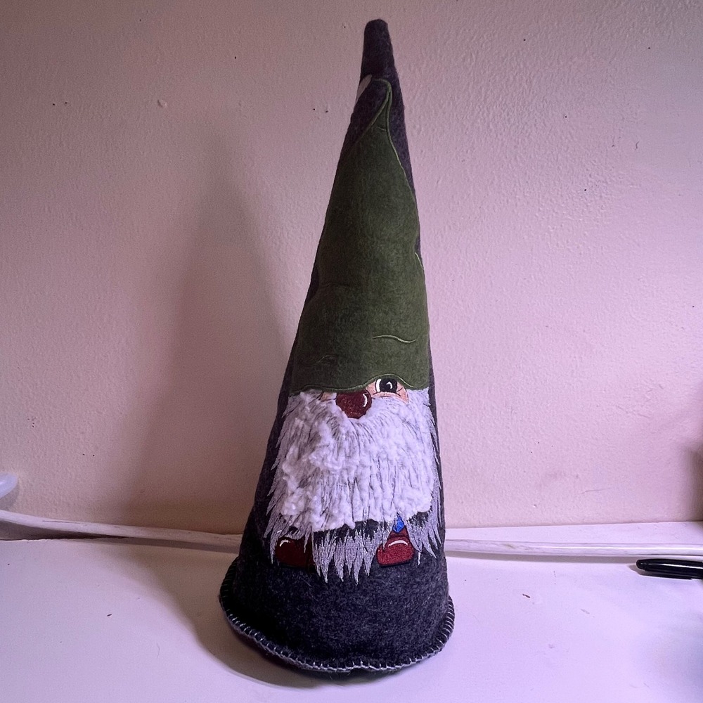 Large Gnome Felt Cone Decoration Gray Green Embroidered Tomte Nisse